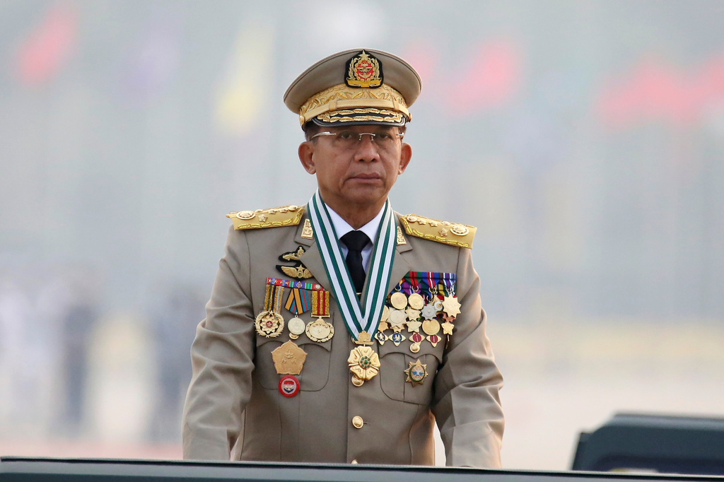 FILE - Myanmar's Commander-in-Chief Senior General Min Aung Hlaing presides an army parade on Armed Forces Day in Naypyitaw, Myanmar, March 27, 2021. (AP Photo, File)