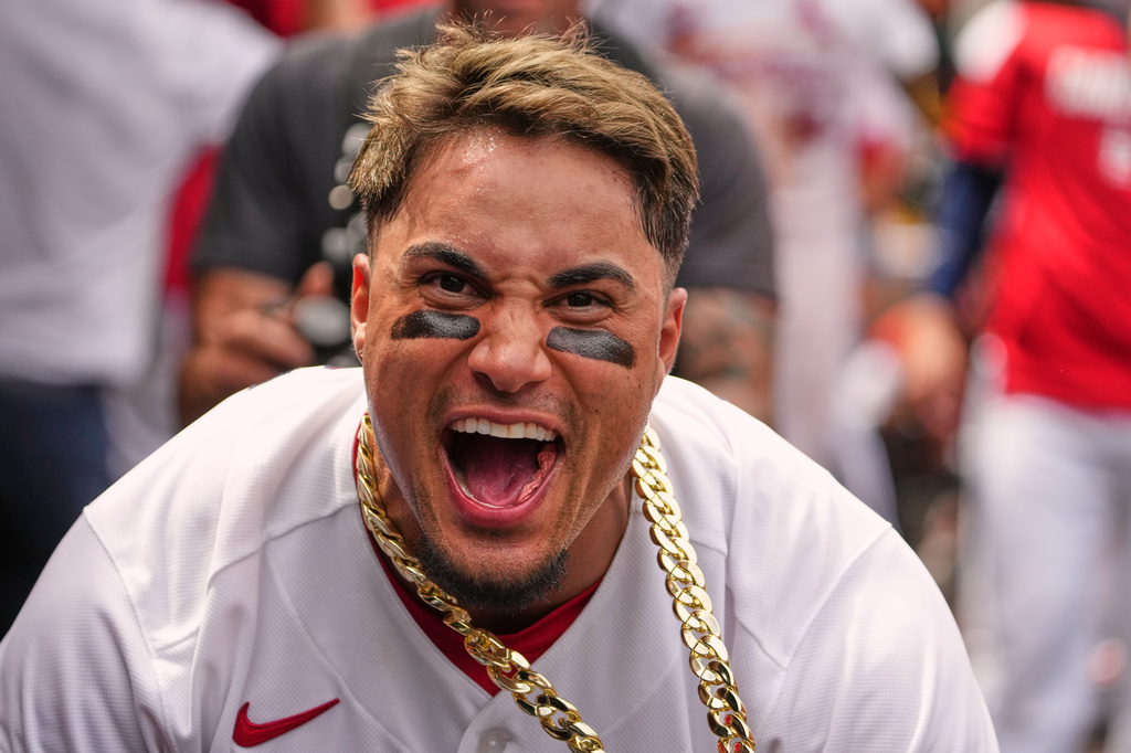 St. Louis Cardinals' Bryan Torres celebrates after hitting a two-run home run during the fifth inning of a baseball game against Cincinnati Reds Sunday, June 7, 2026, in St. Louis. (AP Photo/Jeff Roberson)