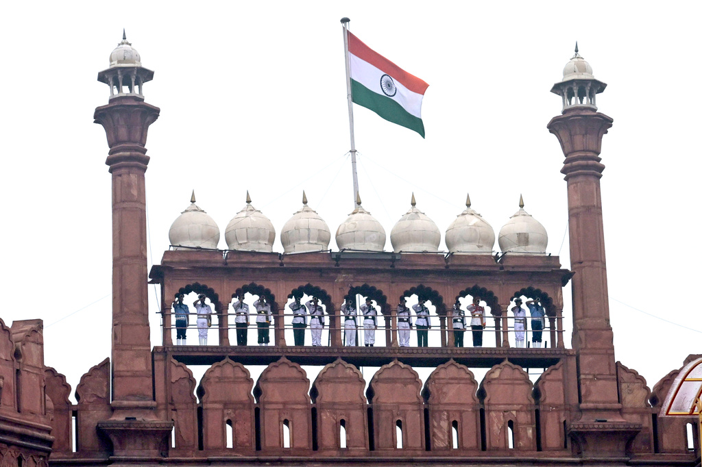 Buglers play a tune during the country's Independence Day celebrations at the 17th century Mughal-era Red Fort monument in New Delhi, India, Saturday, Aug. 15, 2026. (AP Photo/Sanjeev Rastogi)