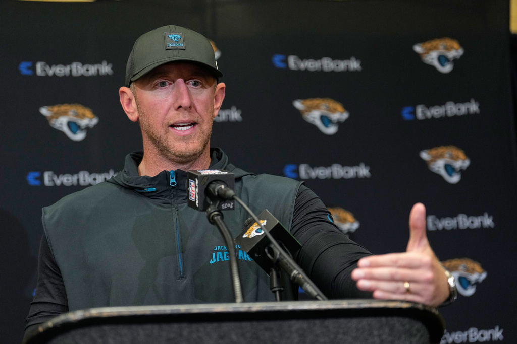 Jacksonville Jaguars head coach Liam Coen speaks during a news conference following an NFL football game against the Indianapolis Colts Sunday, Dec. 28, 2025, in Indianapolis. (AP Photo/Carolyn Kaster)