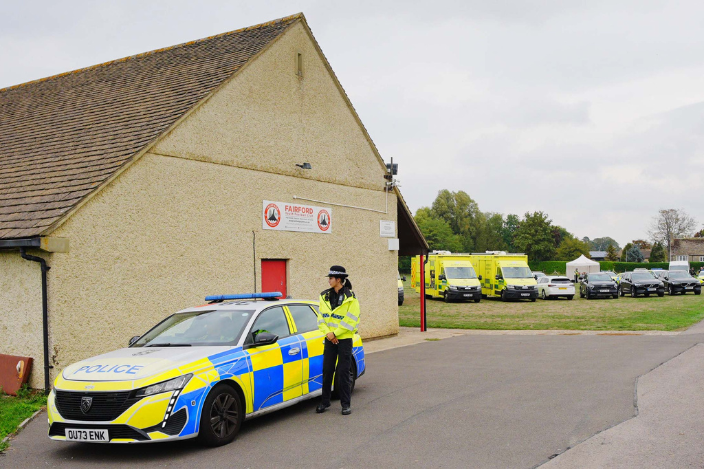Emergency services at the scene of an incident close to RAF Fairford,, in Whelford, England, Sunday, Sept. 27, 2026 .(Ben Birchall/PA via AP)