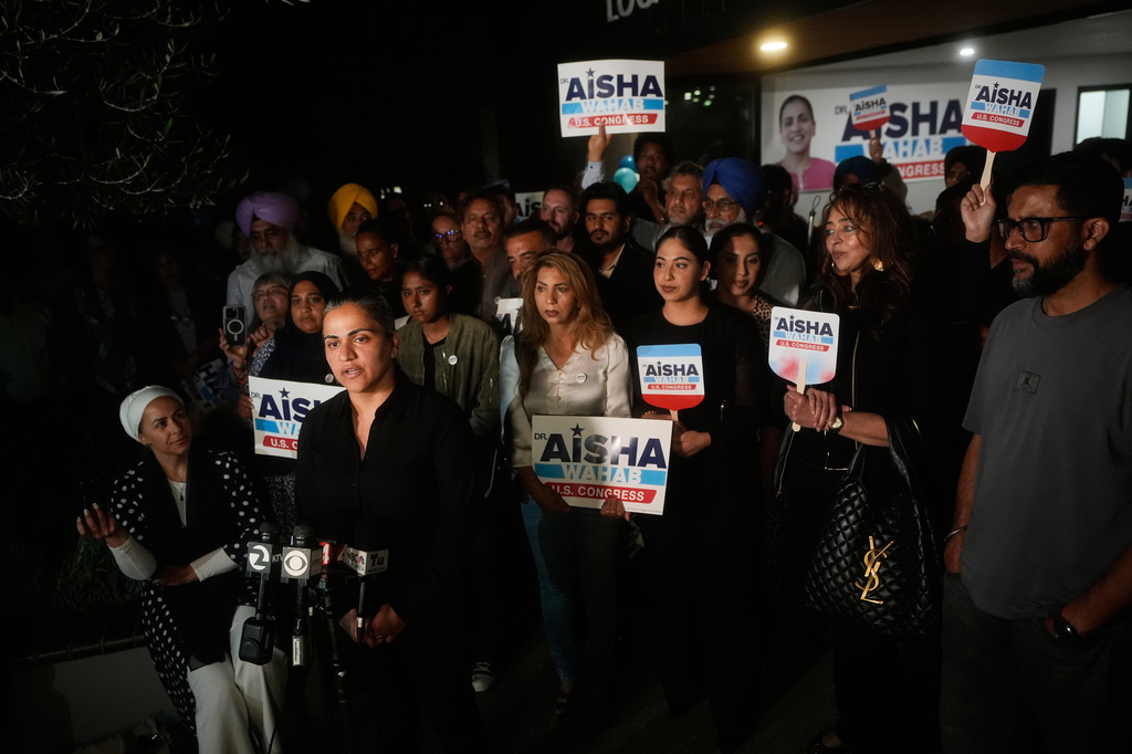 State Sen. Aisha Wahab, a Democratic candidate for Congress in California's 14th district, speaks during a primary election night event on Tuesday, Aug. 18, 2026, in Hayward, Calif. (AP Photo/Jeff Chiu)