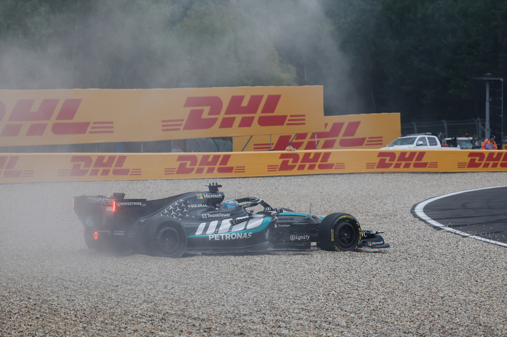 Mercedes driver George Russell of Britain spins off the track during the Formula One Grand Prix at the Spa-Francorchamps racetrack in Spa, Belgium, Sunday, July 19, 2026. (AP Photo/Geert Vanden Wijngaert)
