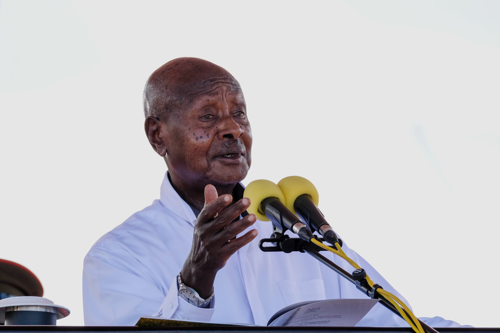 Uganda's long-time president Yoweri Museveni, 81, speaks during the inauguration ceremony for a seventh consecutive five-year term, in Kampala, Uganda, Tuesday, May 12, 2026. (AP Photo/Hajarah Nalwadda )