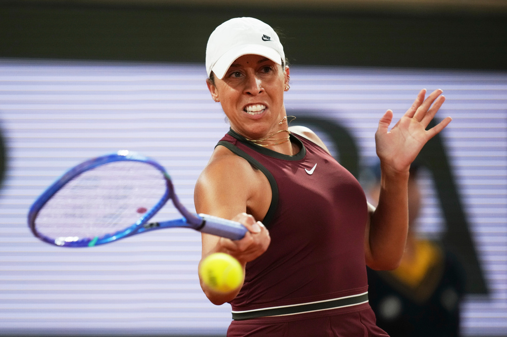 FILE - Madison Keys of the U.S. plays a shot against Coco Gauff of the U.S. during their quarterfinal match of the French Tennis Open in Paris, on June 4, 2025. (AP Photo/Christophe Ena, File)