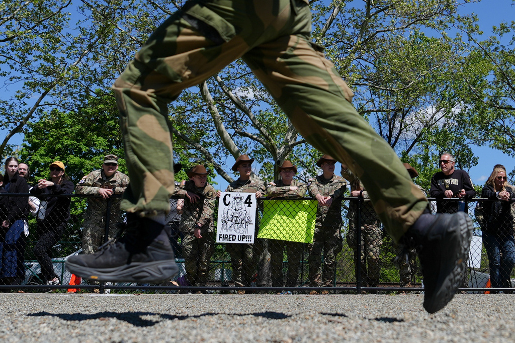 A cadet competes in functional fitness during the Sandhurst Military Skills Competition at the United States Military Academy in West Point, N.Y., Friday, May 1, 2026. (AP Photo/Julia Demaree Nikhinson)