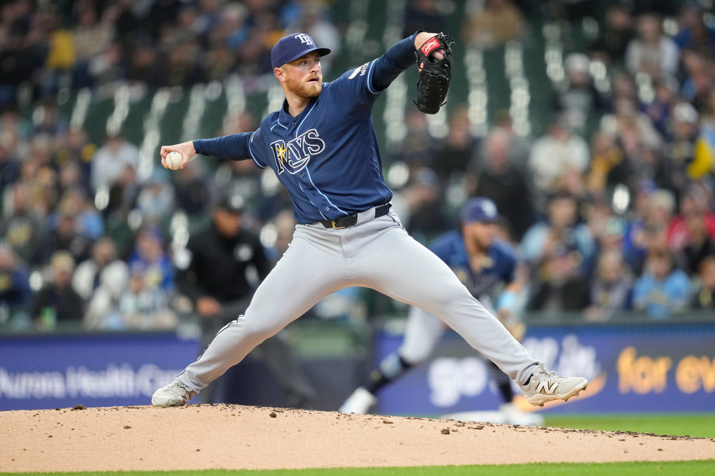 Tampa Bay Rays pitcher Drew Rasmussen throws during the third inning of a baseball game against the Milwaukee Brewers, Wednesday, April 1, 2026, in Milwaukee. (AP Photo/Kayla Wolf)