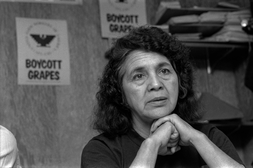 United Farm Workers leader Dolores Huerta sits in the UFW headquarters in San Francisco on March 8, 1989, as she awaits results from a San Francisco Police Commission hearing about the alleged beating of Huerta at a rally in September the previous year. (Mike Maloney/San Francisco Chronicle via AP)
