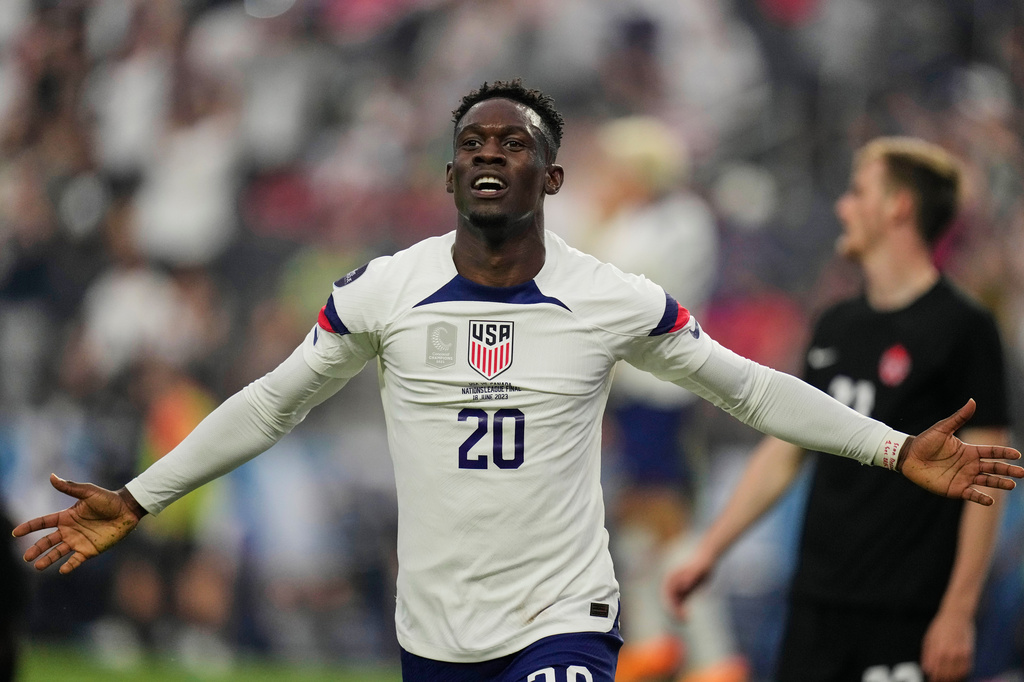 FILE - United States' Folarin Balogun celebrates after scoring against Canada during the first half of a CONCACAF Nations League final match on June 18, 2023, in Las Vegas. (AP Photo/John Locher, File)