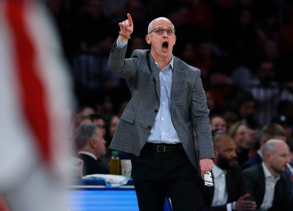 UConn head coach Dan Hurley calls a play during the first half of an NCAA college basketball game against St. John's, Friday, Feb. 6, 2026, in New York. (AP Photo/John Munson)