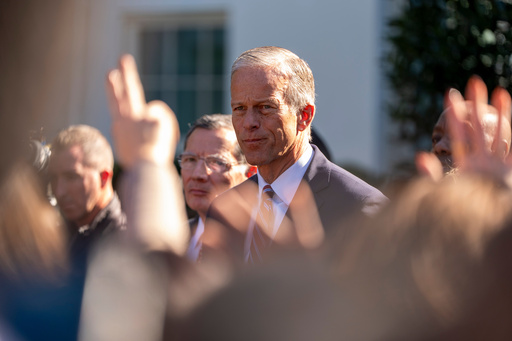 Senate Majority Leader John Thune, of S.D., center, and other republican Senate members, speak with reporters after a meeting with President Donald Trump at the White House, Tuesday, Oct. 21, 2025, in Washington. (AP Photo/Alex Brandon) Senate Majority Leader John Thune, of S.D., center, and other republican Senate members, speak with reporters after a meeting with President Donald Trump at the White House, Tuesday, Oct. 21, 2025, in Washington. (AP Photo/Alex Brandon)