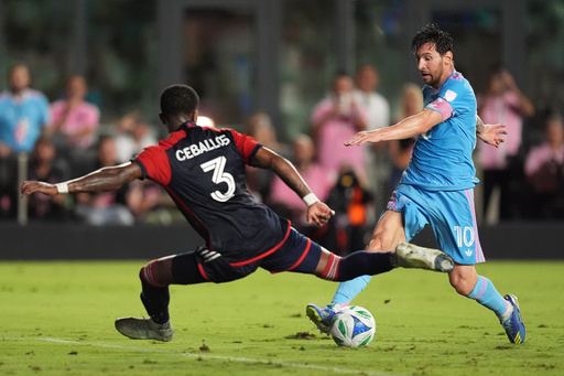 Inter Miami forward Lionel Messi (10) comes under pressure from New England Revolution defender Brayan Ceballos (3) during the first half of an MLS soccer match, Saturday, Oct. 4, 2025, in Fort Lauderdale, Fla. (AP Photo/Rebecca Blackwell) Inter Miami forward Lionel Messi (10) comes under pressure from New England Revolution defender Brayan Ceballos (3) during the first half of an MLS soccer match, Saturday, Oct. 4, 2025, in Fort Lauderdale, Fla. (AP Photo/Rebecca Blackwell)