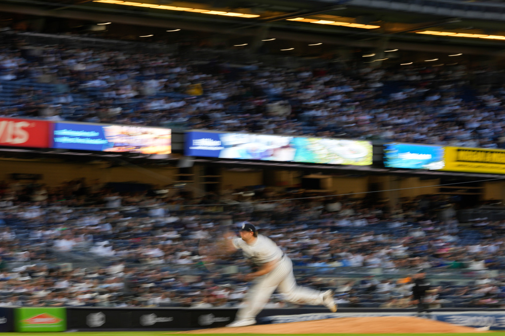 New York Yankees pitcher Gerrit Cole throws during the second inning of a baseball game against the Tampa Bay Rays, Friday, May 22, 2026, in New York. (AP Photo/Yuki Iwamura)
