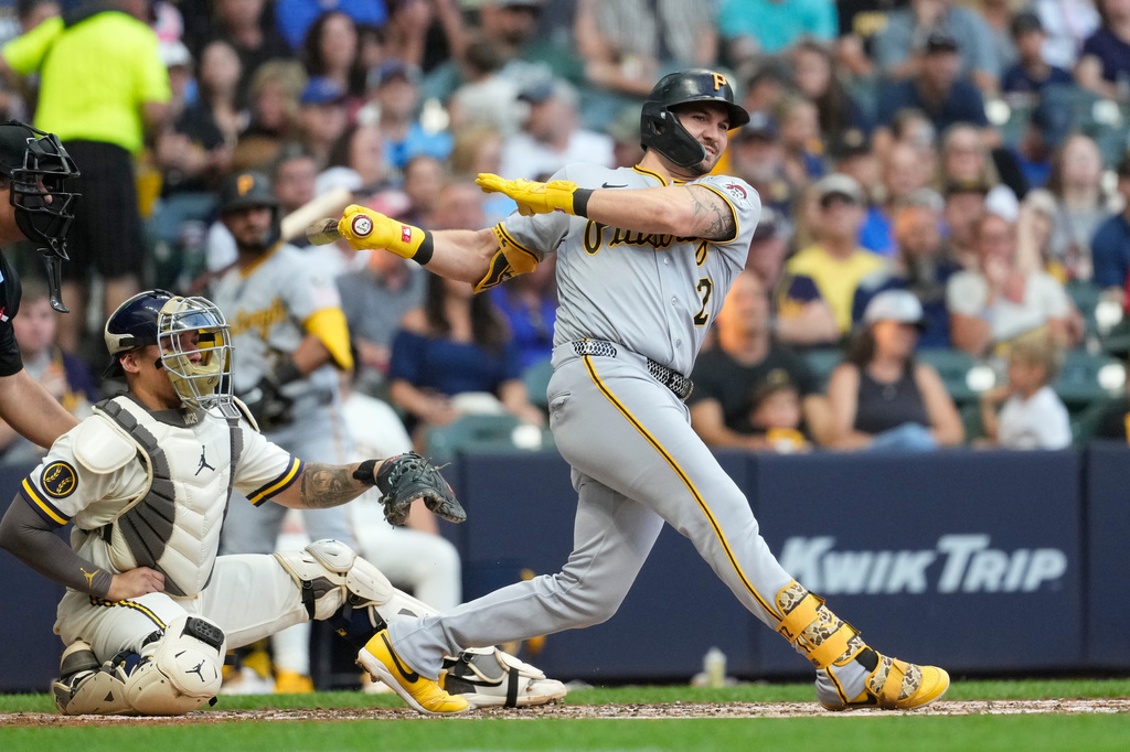 Pittsburgh Pirates' Spencer Horwitz hits a three-run double during the third inning of a baseball game against the Milwaukee Brewers, Monday, Aug. 3, 2026, in Milwaukee. (AP Photo/Aaron Gash)