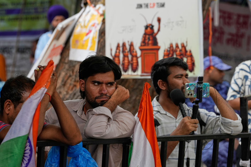 Supporters listen to a speaker during a protest by the Cockroach Janta Party demanding the resignation of Education Minister Dharmendra Pradhan over alleged examination irregularities and repeated paper leaks, in New Delhi, India, on July 10, 2026. (AP Photo/Manish Swarup)
