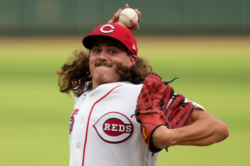 Cincinnati Reds pitcher Rhett Lowder throws during the first inning of a baseball game against the Athletics in Cincinnati, Wednesday, Aug. 5, 2026. (AP Photo/Carolyn Kaster)