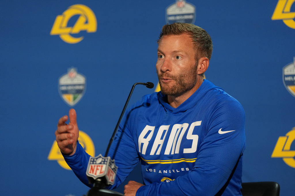 Los Angeles Rams head coach Sean McVay speaks during a news conference after an NFL football game against the San Francisco 49ers, Friday, Sept. 11, 2026, in Melbourne, Australia. (AP Photo/Asanka Brendon Ratnayake)