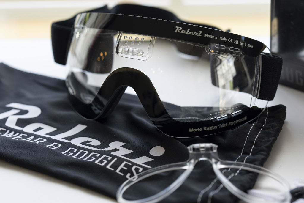 CORRECTS COMPANY NAME: Rugby eye-ware made by the Italian brand Raleri is displayed at A Sight For Sport Eyes, a brick-and-mortar and e-commerce store for sport goggles, Aug. 20, 2025, in West Linn, Ore. (AP Photo/Jenny Kane)