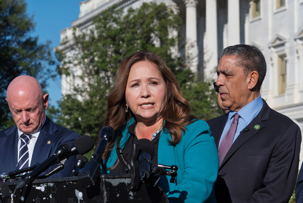 FILE - Rep.-elect Adelita Grijalva, D-Ariz., speaks at the Capitol in Washington, Oct. 15, 2025. (AP Photo/J. Scott Applewhite, File)