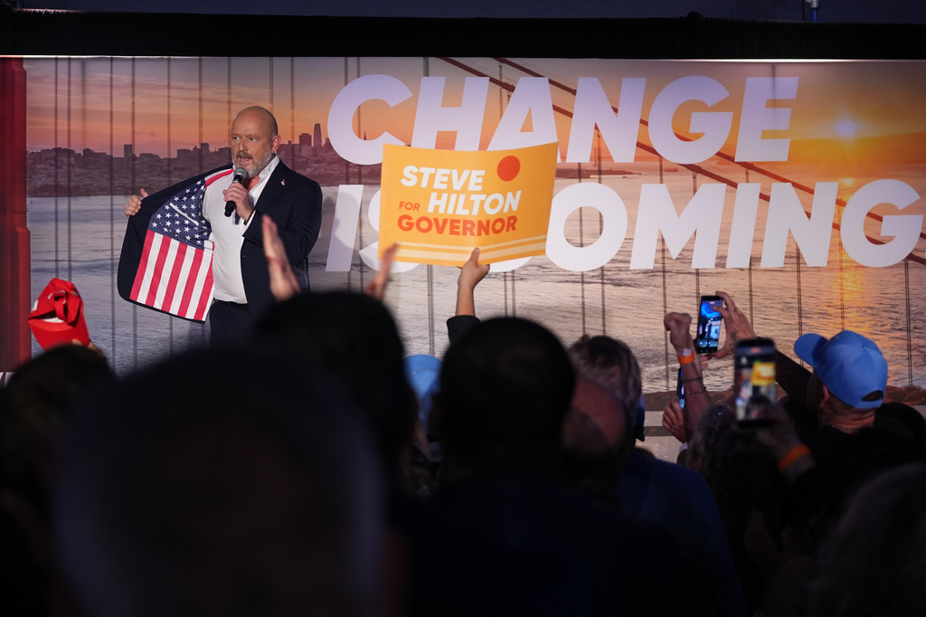 California gubernatorial candidate Steve Hilton speaks during an election night event Tuesday, June 2, 2026, in Huntington Beach, Calif. (AP Photo/Gregory Bull)