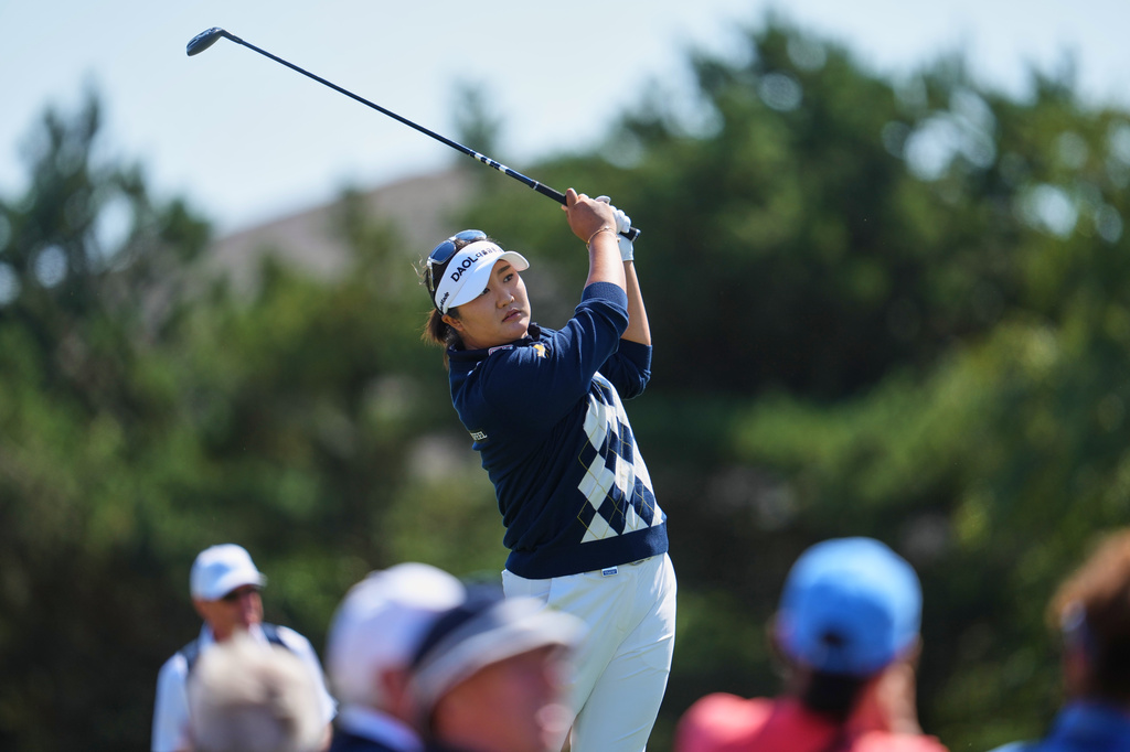 Haeran Ryu, of South Korea, drives off the 4th tee during the second round of the Women's British Open golf championship in Lytham St Annes, England, Friday, July 31, 2026. (AP Photo/Jon Super)