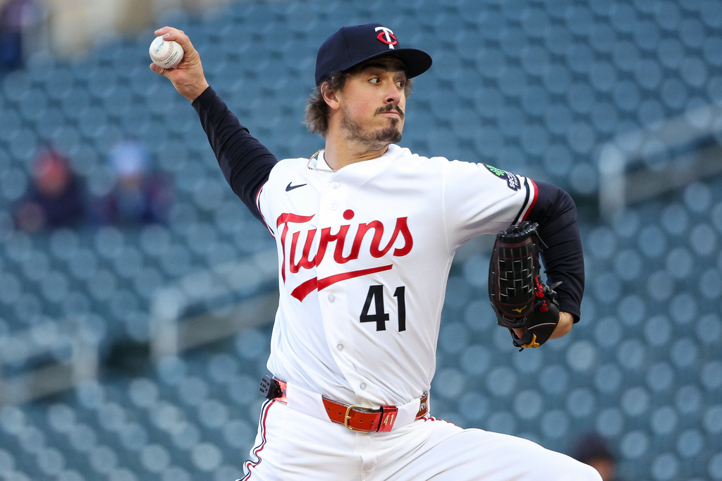 Minnesota Twins starting pitcher Joe Ryan delivers against the Detroit Tigers during the first inning of baseball game Monday, April 6, 2026, in Minneapolis. (AP Photo/Matt Krohn)
