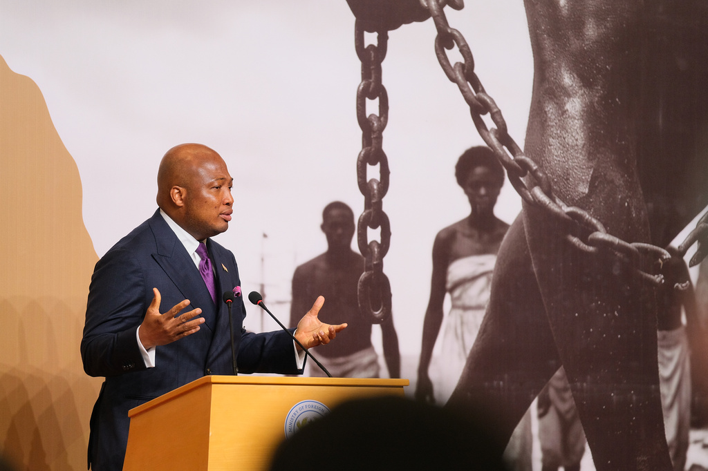 Ghana's Foreign Minister, Samuel Okudzeto Ablakwa, addresses delegates at the opening of the Slavery Reparations Conference in Accra, Ghana, Wednesday, June 17, 2026. (AP Photo/Reuben Ekow Quansah)