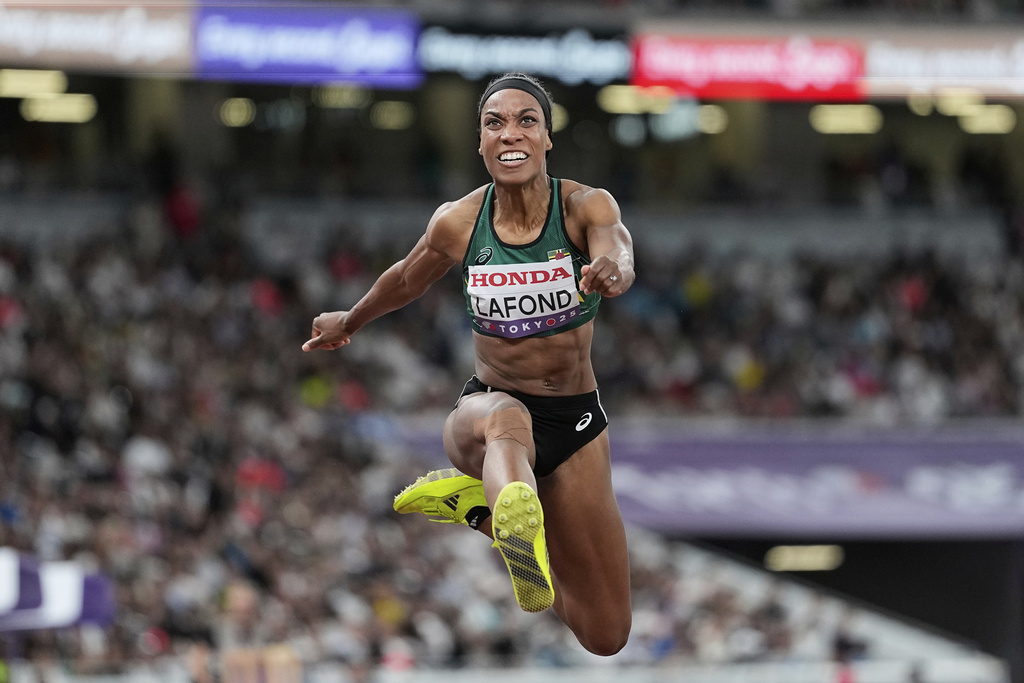 Dominica's Thea Lafond makes an attempt in the women's triple jump final at the World Athletics Championships in Tokyo, Thursday, Sept. 18, 2025. (AP Photo/Matthias Schrader)
