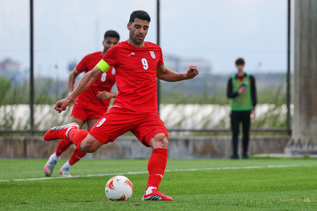 FILE - Iran's Mehdi Taremi shoots a penalty kick to score his side's second goal during a friendly soccer match between Iran and Costa Rica, in Antalya, southern Turkey, Tuesday, March 31, 2026. (AP Photo/Riza Ozel, File)