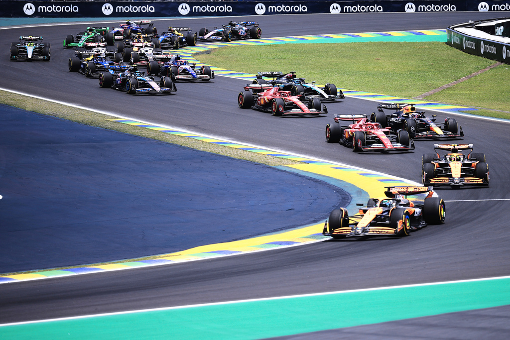 FILE - McLaren driver Oscar Piastri, of Australia, leads the field during the sprint race ahead of the Brazilian Formula One Grand Prix auto race at the Interlagos racetrack in Sao Paulo, Saturday, Nov. 2, 2024. (AP Photo/Ettore Chiereguini, File)