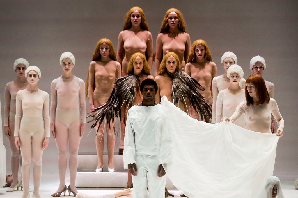 EDS NOTE: NUDITY - Actors perform during the general rehearsal of Ennio Morricone's only opera, Partenope, at the San Carlo Theatre, in Naples, Italy, Thursday, Dec. 11, 2025. (AP Photo/Salvatore Laporta)