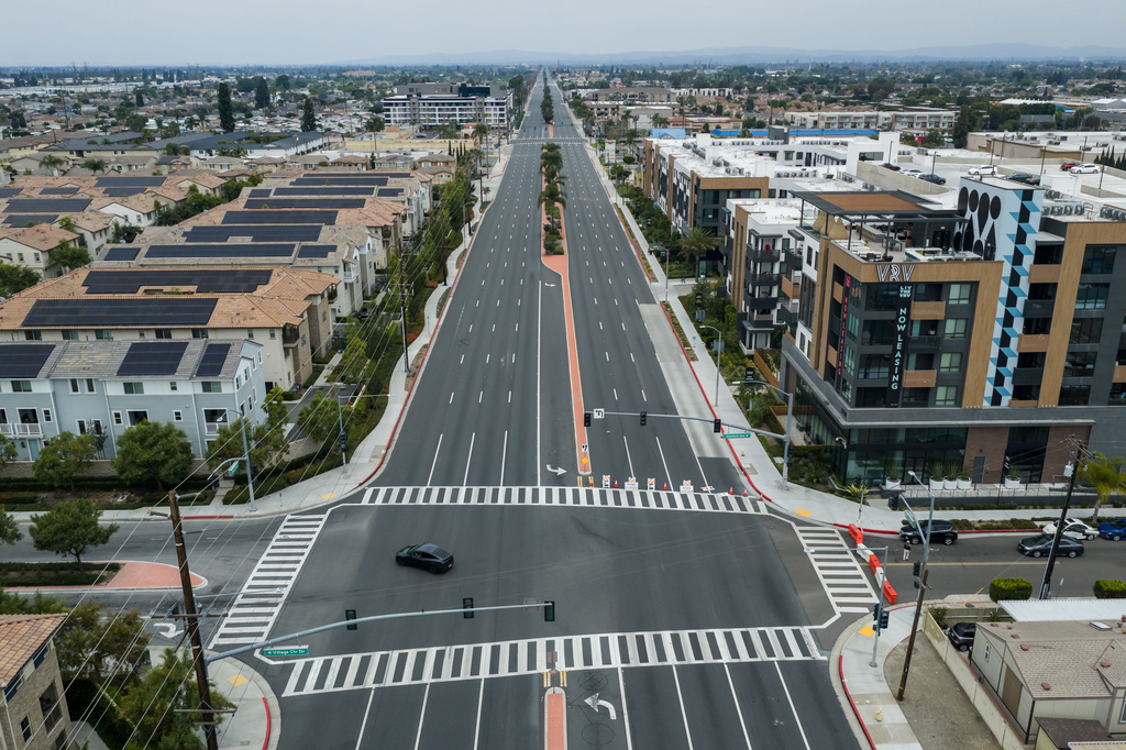 The streets remain empty in Garden Grove, Calif., on Sunday, May 24, 2026, after a storage tank containing a chemical used to make plastic parts overheated Thursday at an aerospace plastics facility. (AP Photo/Ethan Swope)