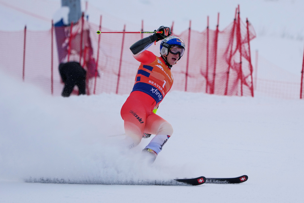 Switzerland's Marco Odermatt reacts at the finish line during a World Cup men's giant slalom skiing race, Sunday, Dec. 7, 2025, in Beaver Creek, Colo. (AP Photo/John Locher)
