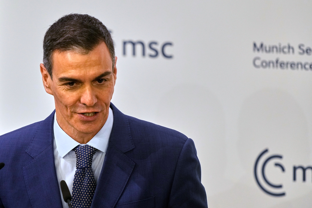 Spain's Prime Minister Pedro Sanchez speaks during a panel discussion at the Munich Security Conference in Munich, Germany, Saturday, Feb. 14, 2026. (AP Photo/Michael Probst)