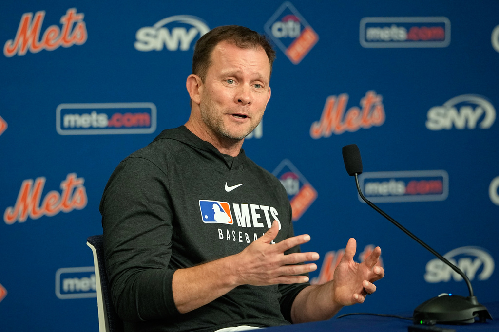 New York Mets interim manager Andy Green speaks during a news conference before a baseball game against the Philadelphia Phillies, Friday, June 26, 2026, in New York. (AP Photo/Frank Franklin II)