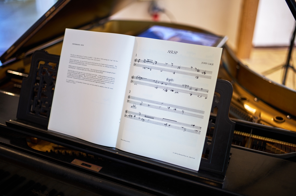 The score music "ORGAN/ASLSP (As SLow aS Possible)" of the John Cage Organ Project displayed near the Buchardi Church in Halberstadt, Germany, Wednesday, Aug. 5, 2026. (AP Photo/Markus Schreiber)