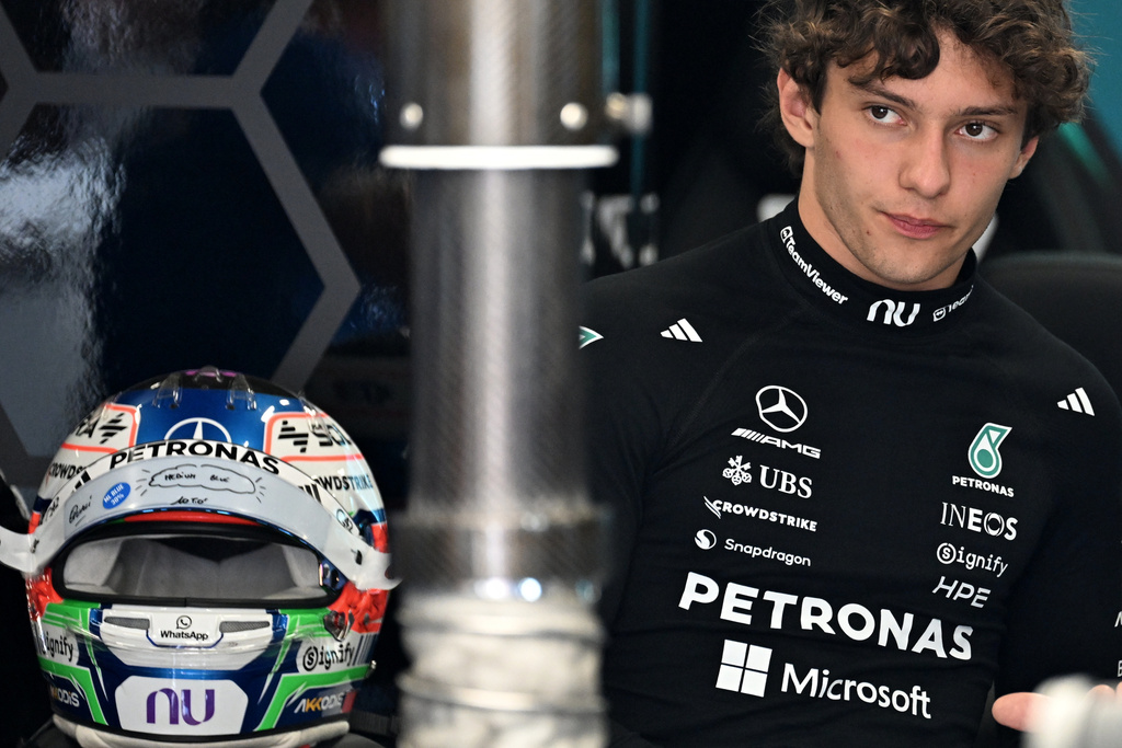 Mercedes driver Andrea Kimi Antonelli of Italy prepares for the qualifying session ahead of the British F1 Grand Prix, in Silverstone, England, Saturday, July 4, 2026. (Peter Powell/Pool via AP)