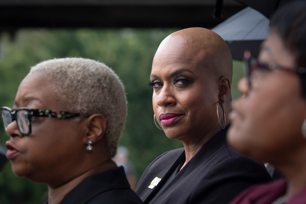 Rep. Ayanna Pressley, D-Mass., joins leaders from Black advocacy groups at a news conference to highlight how mass federal workforce layoffs and anti-DEI policies by President Donald Trump impact Black women and the economy, at the Capitol in Washington, Thursday, Sept. 25, 2025. (AP Photo/J. Scott Applewhite)