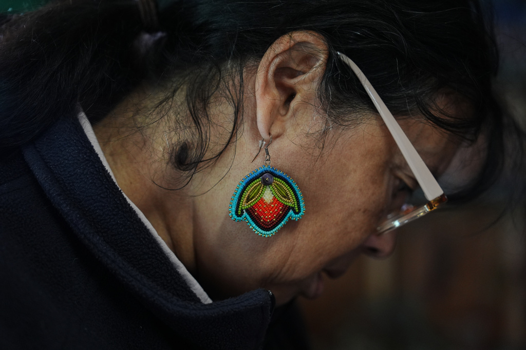Dawn Spears wears a beaded earring resembling a strawberry Tuesday, April 21, 2026, at her farm in Hopkinton, R.I. (AP Photo/Joshua A. Bickel)