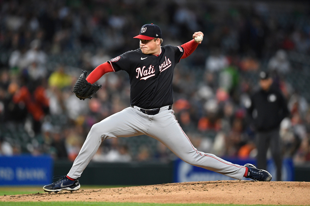 Washington Nationals pitcher Jackson Kent throws during the third inning of a baseball game against the Detroit Tigers, Tuesday, Sept. 22, 2026, in Detroit. (AP Photo/Jose Juarez)