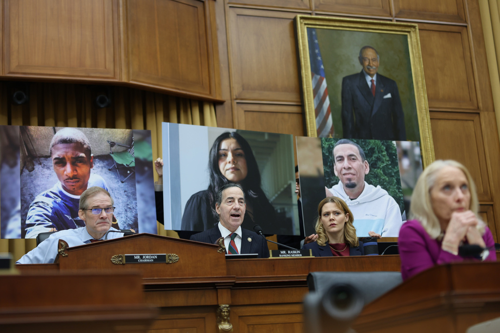 Rep. Jamie Raskin, D-Md., seated center, speaks as Attorney General Pam Bondi testifies before a House Judiciary Committee oversight hearing on Capitol Hill in Washington, Wednesday, Feb. 11, 2026, in Washington. (AP Photo/Tom Brenner)