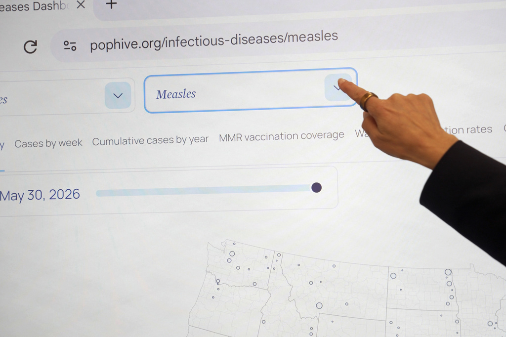 Georgetown University's Rebecca Katz points to measles data for the country at Georgetown's Health Security Operations Center in Washington on June 3, 2026. (AP Photo/Shelby Lum)