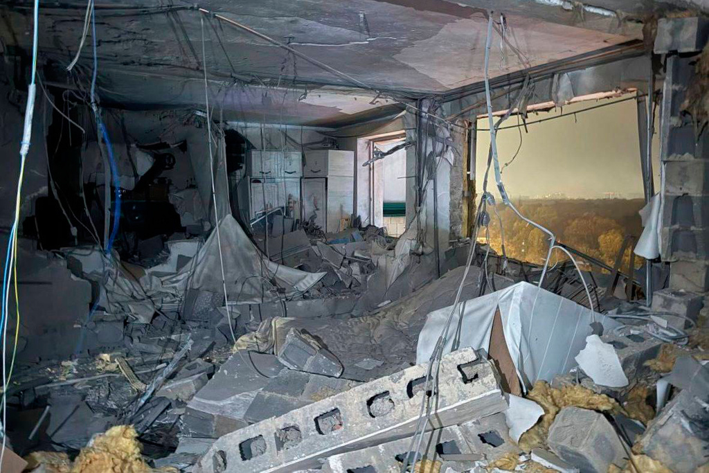 This photo released by Moscow Region Governor Andrei Vorobyev official telegram channel shows a view of the flat in the damaged multi-storey apartment building hit by a Ukrainian drone in Krasnogorsk, just outside Moscow, Russia, on Friday, Oct. 24, 2025. (Moscow Region Governor Andrei Vorobyev official telegram channel via AP)