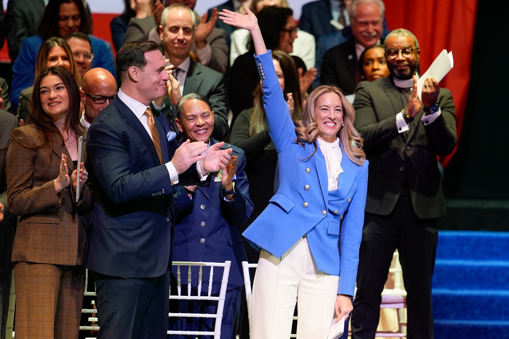 New Jersey Governor-elect Mikie Sherrill waves as she arrives for her inauguration, Tuesday, Jan. 20, 2026, in Newark, N.J. (AP Photo/Seth Wenig)