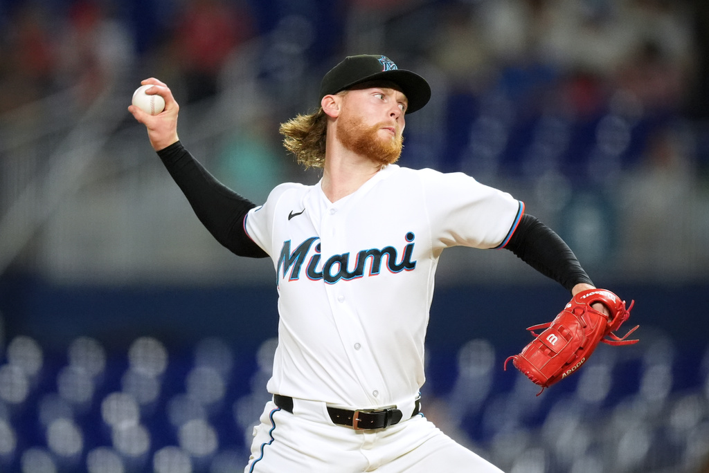 Miami Marlins starting pitcher Max Meyer delivers during the second inning of a baseball game against the St. Louis Cardinals, Monday, April 20, 2026, in Miami. (AP Photo/Rebecca Blackwell)