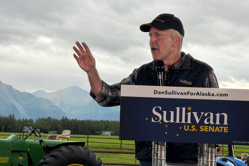 FILE - U.S. Sen. Dan Sullivan, R-Alaska, speaks at a get out the vote event held at farm in Palmer, Alaska, on Aug. 17, 2026. (AP Photo/Mark Thiessen, File)
