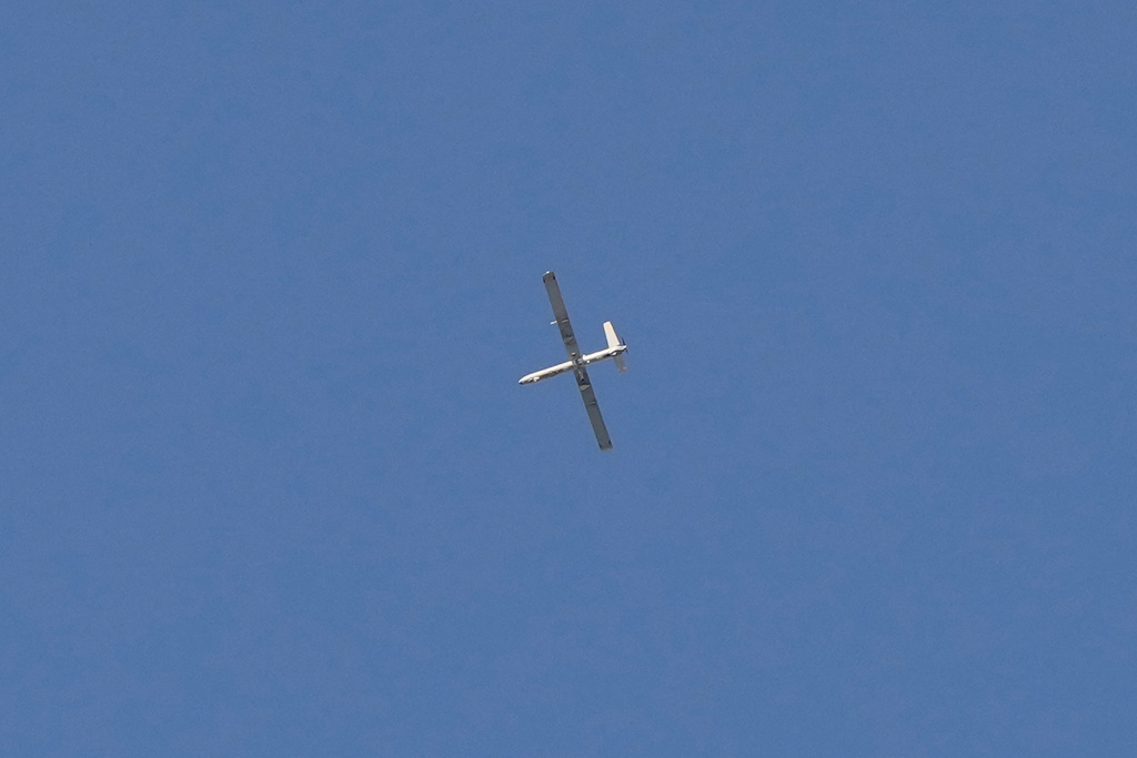 An Israeli drone flies over Dahiyeh, a southern suburb of Beirut, Lebanon, Monday, March 2, 2026. (AP Photo/Hassan Ammar)