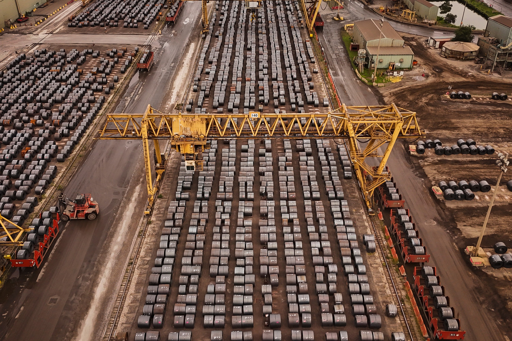 FILE - Rolled coils of steel sit in the yard at the ArcelorMittal Dofasco steel plant in Hamilton, Ont., Aug. 20, 2026. (Nick Iwanyshyn /The Canadian Press via AP, File)