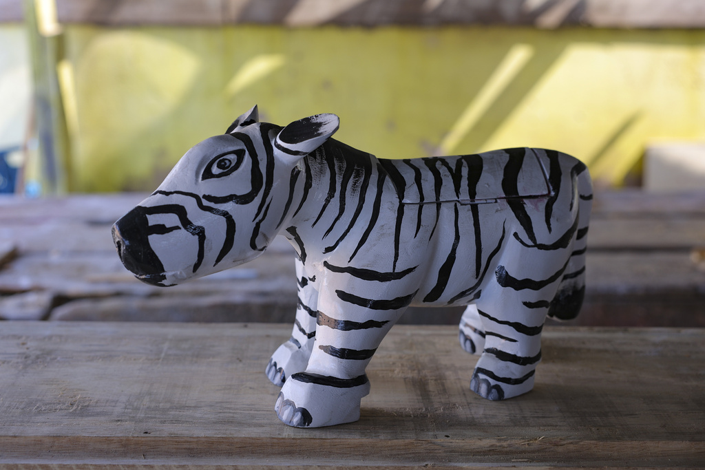 A miniature zebra fantasy coffin prototype crafted by Eric Kpakpo Adotey is displayed in his shop in La, Accra, Ghana, Friday, July 25, 2025. (AP Photo/Misper Apawu)