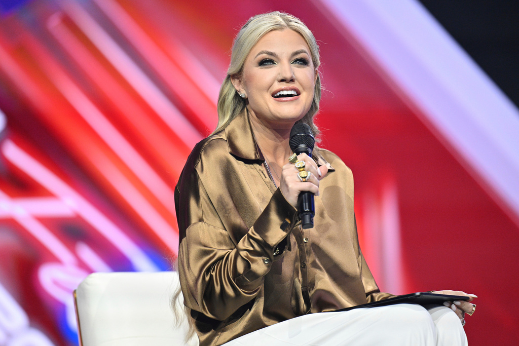 Erika Kirk speaks during Turning Point USA's AmericaFest 2025, Sunday, Dec. 21, 2025, in Phoenix. (AP Photo/Jon Cherry)